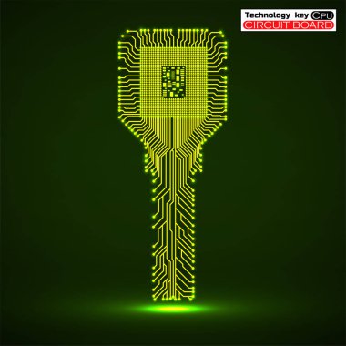Technology key with glowing circuit board and cpu. Neon symbol. Vector illustration