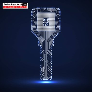 Technology key with glowing circuit board and cpu. Neon symbol. Vector illustration