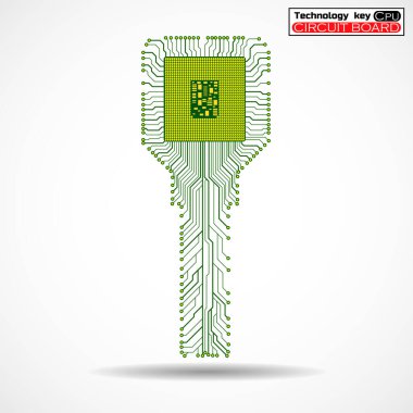 Technology key with circuit board and cpu on white background. Vector illustration