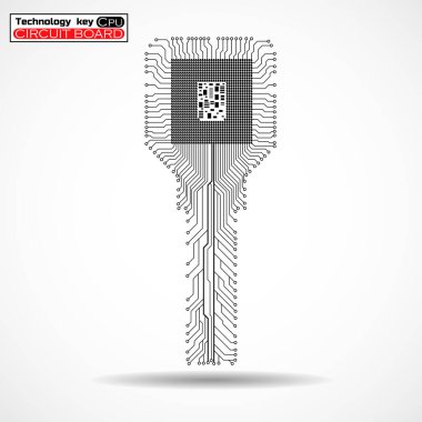 Technology key with circuit board and cpu on white background. Vector illustration