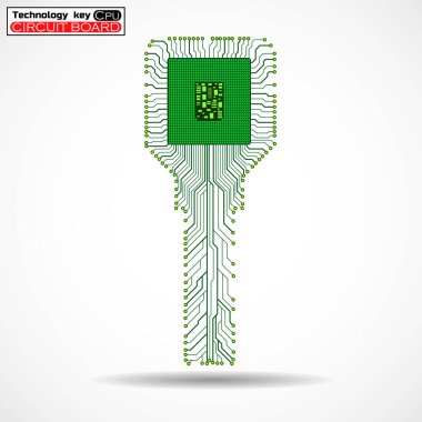 Technology key with circuit board and cpu on white background. Vector illustration