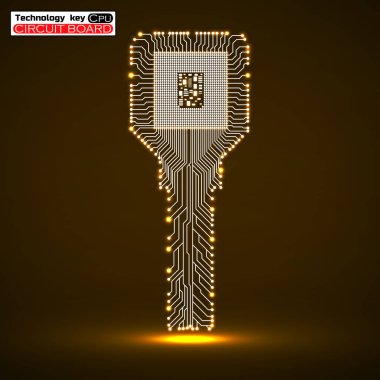 Technology key with glowing circuit board and cpu. Neon symbol. Vector illustration