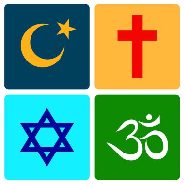 Dünya din sembolleri - Hristiyanlık, İslam, Hinduizm ve Yahudilik. Vektör illüstratörü