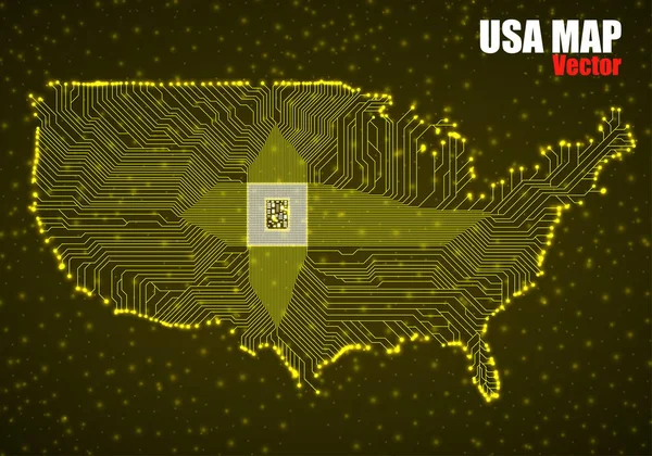 Carte Des États Unis Avec Cpu Circuit Lumineux Technologie Néon — Image vectorielle