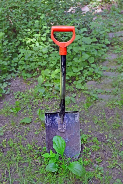 Pala Corta Metal Mal Estado Atascada Suelo Desenfoque Jardín Sombreado — Foto de Stock