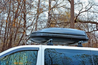 Sonbaharda büyük bir arabanın çatı bagaj kutusu konteynırı. Kutu ve gövdeye seçmeli olarak odaklan.