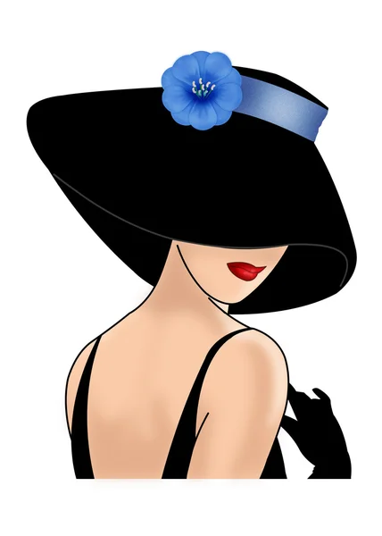 Damen i en hatt med blå blomma — Stockfoto