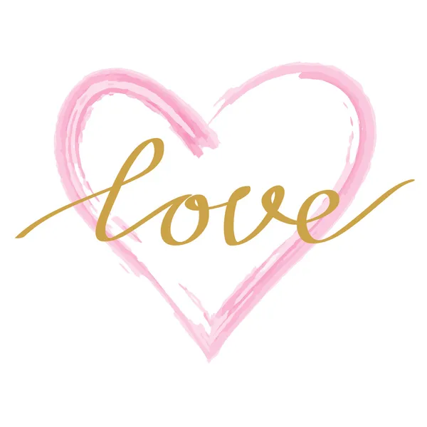 Pink watercolor heart with golden handwritten calligraphy text "love" — Stock Vector