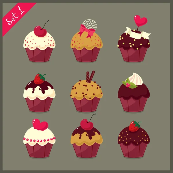 Verzameling van cute cupcakes. — Stockvector
