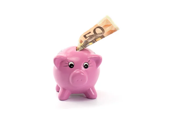 Piggy bank with fifty euro bill — Stock Photo, Image