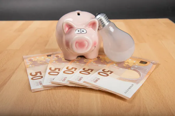 Concept energy price :Piggy bank with light bulb and money on wooden background.
