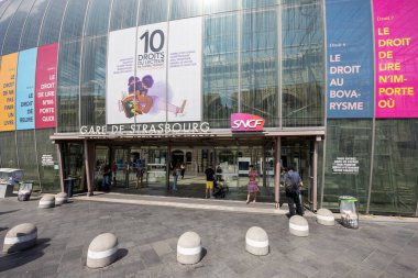 Strasbourg, France - August 08, 2022 : Gare de Strasbourg, the main railway station of Strasbourg city, Alsace region, France. Facade of original building under the modern glass canopy.