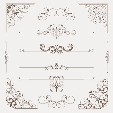 Kaligrafi retro öğeler, köşeler ve sayfa bölücüler.