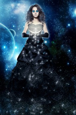 Woman night. Magic lady and fairy tale. Dreams and sleeping. Female star in the hands of the moon on a background of the galactic sky. Magic. clipart
