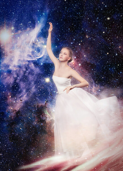 Fantasy illustration for fairy tales, legends, stories. Fantastic woman on a background of space planets, galaxies, star systems. Magic Queen of the night, dreams, elements Magic lady. Fabulous woman.