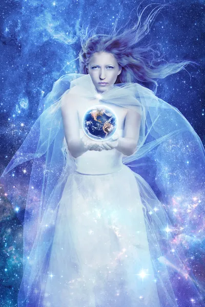 Magic lady. Fabulous woman. Starry Witch Lady of the planet and the universe. Galaxy tales. — Stock Photo, Image