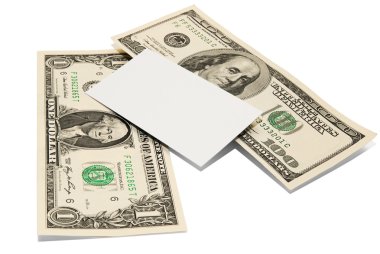 Banknotes. One dollar and one hundred dollar bills. Business card next to banknotes. clipart