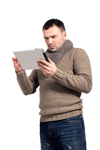 Young man holding a electronic tablet.  Businessman working on his e-book. — Stock Photo, Image