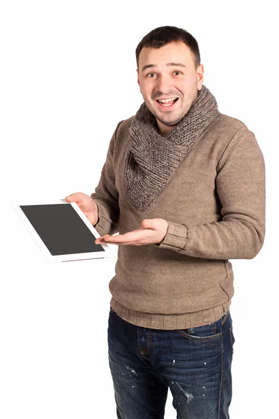 Young man holding a electronic tablet.  Businessman working on his e-book. — Stock Photo, Image
