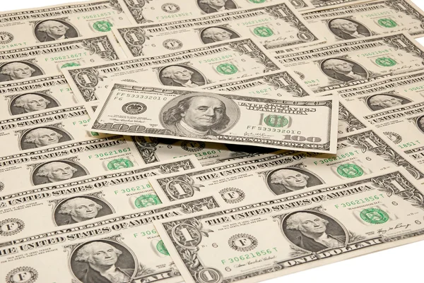 Notas. Um dólar e cem notas de dólar — Fotografia de Stock