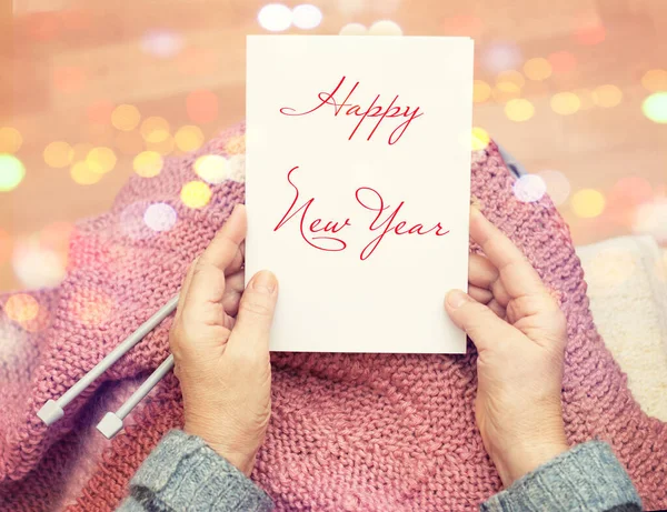 Close Grandmother Hand Postcard New Year Greetings Congratulate Your Parents — Stock Photo, Image