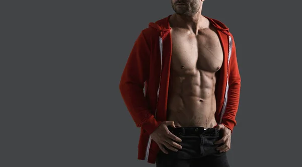 グレーの背景に男性の胴 胸と腹筋のクローズアップ バナーポスター — ストック写真