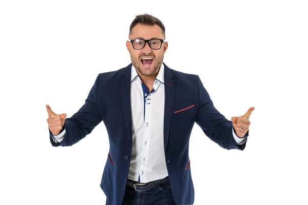 Cheerful Business Man Shouting Success Isolated White — Stock Photo, Image