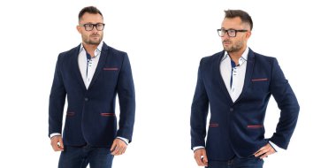 Beyaz arka planda gözlüklü bir iş adamı. Bir kişinin iki versiyonu, biri sağa, diğeri sola bakıyor..