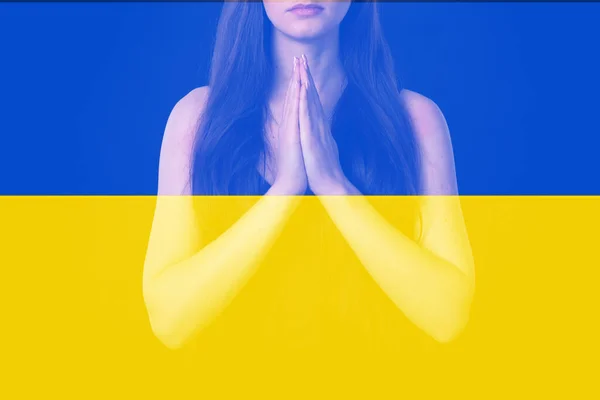 Close Woman Hands Folded Prayer End War Ukraine Support Ukraine — Stock Photo, Image