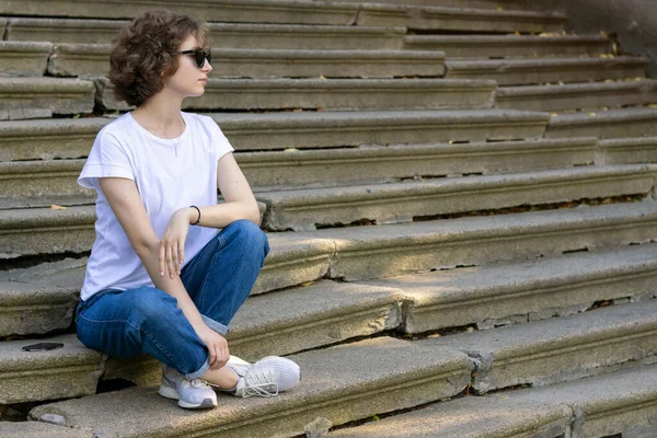 Young Woman Curly Hair Sunglasses Age Looking Free Space Sitting — Stock Photo, Image