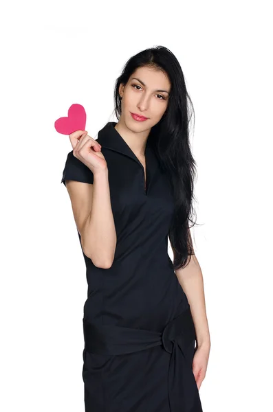 Morena en vestido negro con corazón de papel — Foto de Stock