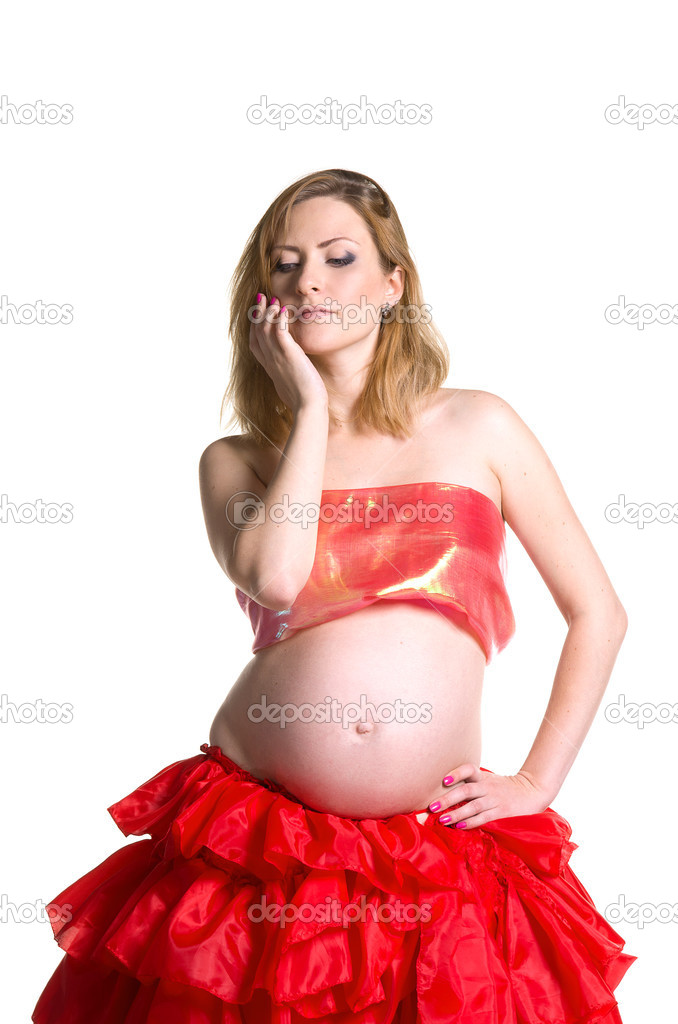 Fashionable beautiful pregnant in luxurious skirt