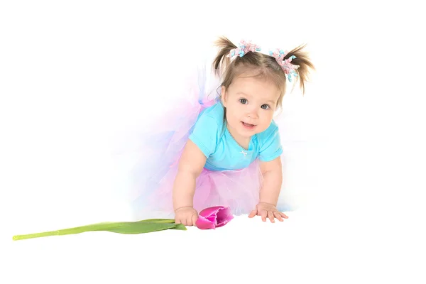 Meisje van de baby in een tutu bedrijf handen tulip — Stockfoto