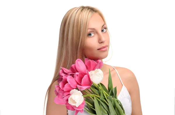 Menina com buquê de flores — Fotografia de Stock