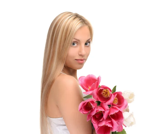 Menina com buquê de flores — Fotografia de Stock