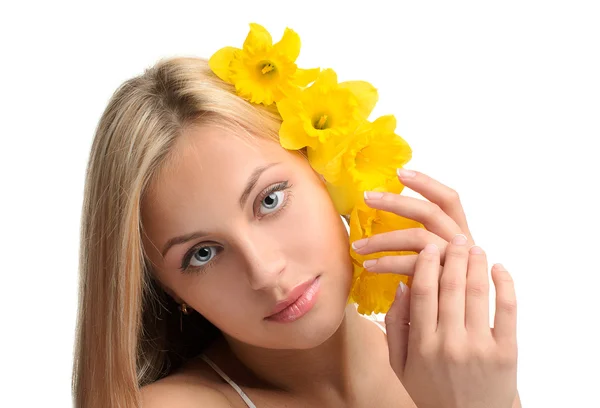 Fille avec bouquet de fleurs — Photo