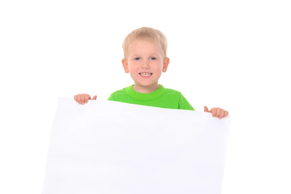 Little boy behind white banner — Stock Photo, Image