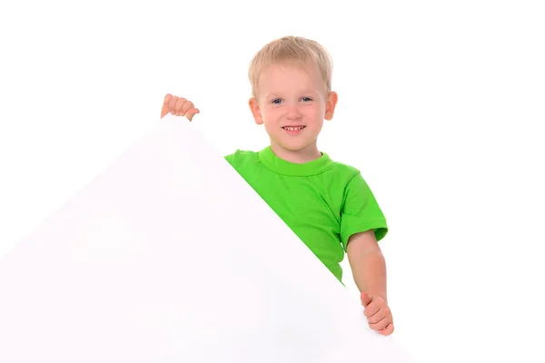 Lille dreng bag hvidt banner - Stock-foto