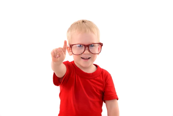 Portrait of fashionable little boy with glasses in red shirt — Stock Photo, Image