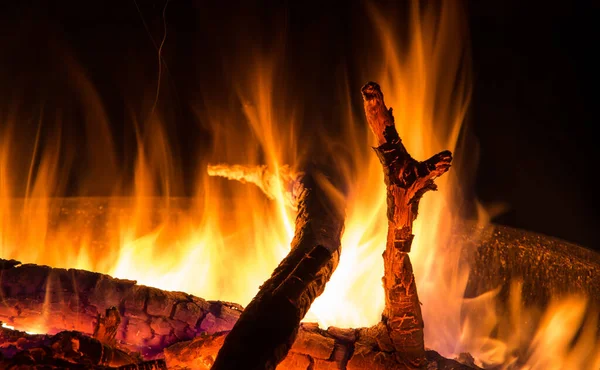 Yangın kasesinde büyüleyici alevler, yanan kamp ateşi.