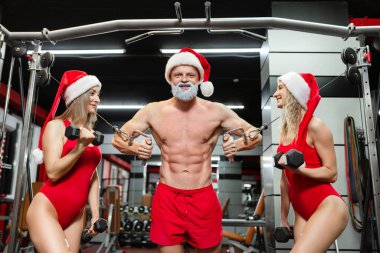 Noel zamanı. Gri sakallı, çıplak vücutlu kaslı, yakışıklı Noel Baba spor salonunda spor mayo ve halterli iki seksi kızla antrenman yapıyor.