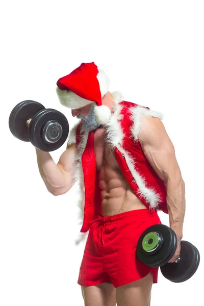 Christmas. Strong muscular Santa Claus with grey beard wearing christmas hat and red shorts is lifting a heavy dumbbells in a gym performing a workout isolated on white background. — Stock Photo, Image