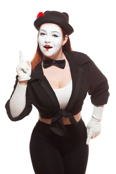 Portret van een vrouwelijke mime artiest die optreedt, geïsoleerd op een witte achtergrond. Symbool van een idee, inzicht, Eureka — Stockfoto