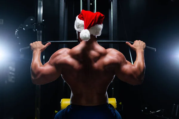 Bel homme de remise en forme dans le chapeau de Noël effectue des séances d'entraînement arrière en utilisant la poussée de la machine bloc supérieur dans une salle de gym, vue arrière — Photo