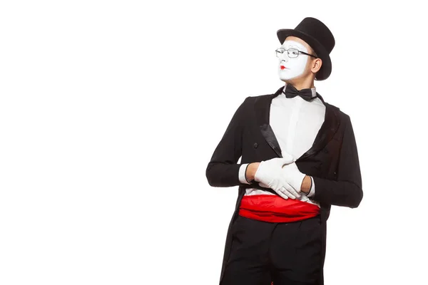 Portrait of a male mime artist performing, isolated on white background. Symbol of criticism, assessment, evaluates from the outside, excellence — Stockfoto