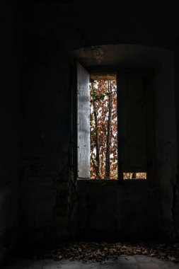 Çürüyen terk edilmiş bir evin içinde. Yeni sanat renkleri. Pencere aralıkları. Gizem ve karanlık. uzun pozlama süreleri.