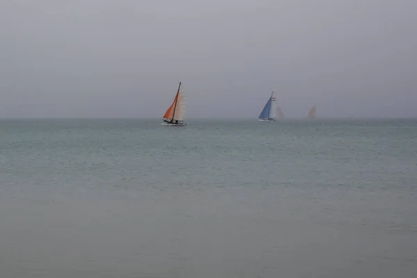 Scene Banner Sailing Dream Boats Mist Dawn Calm Sea Tranquility — Stock Photo, Image
