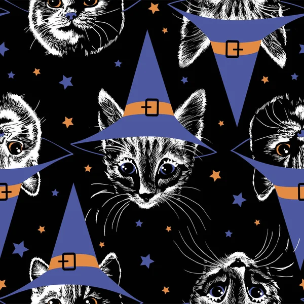 Gato Negro Cara Gato Sombrero Bruja Noche Las Estrellas Patrón — Vector de stock