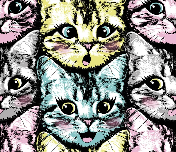 Happy Kitten Faces Crazy Colors Seamless Pattern Vector Illustration — Stock Vector