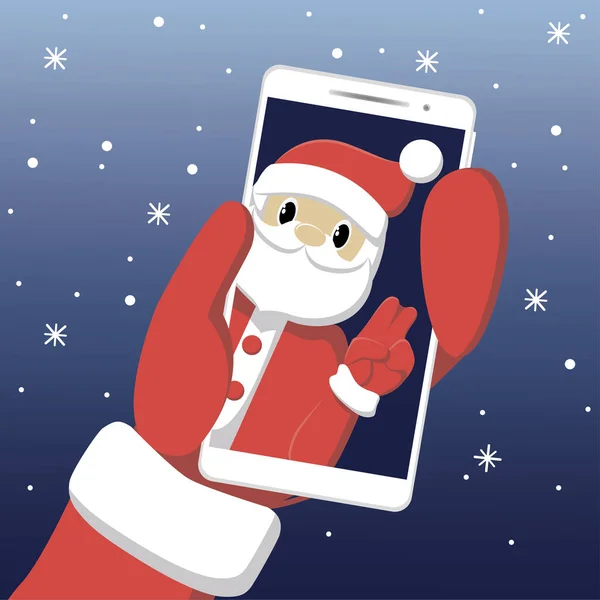 Santa Claus Fait Selfie Avec Geste Paix Sur Smartphone Illustration — Image vectorielle